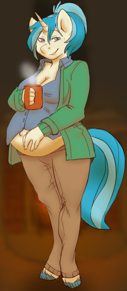 anthro belly blue_eyes blue_hair clothed clothing cup drink equine female friendship_is_magic hair hand_on_stomach hooves horn inside jacket mammal mug muh-art muh-arts my_little_pony pants ponytail pregnant shirt smile solo steam unicorn vella_(artist)