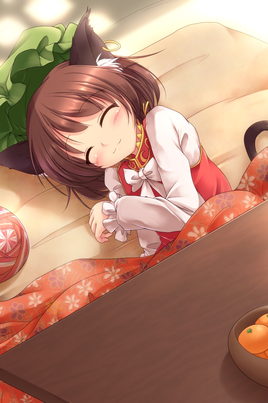 :3 animal_ears blush brown_hair cat_ears cat_tail chen earrings hat highres jewelry kotatsu lzh short_hair single_earring sleeping smile solo table tail touhou
