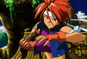 animated animated_gif bandanna bounce bouncing bouncing_breasts breasts clenched_hand denim_jacket eretzvaju evil_zone fingerless_gloves fist gloves jiggle lowres midori_himeno_(evil_zone) punch punching red_hair