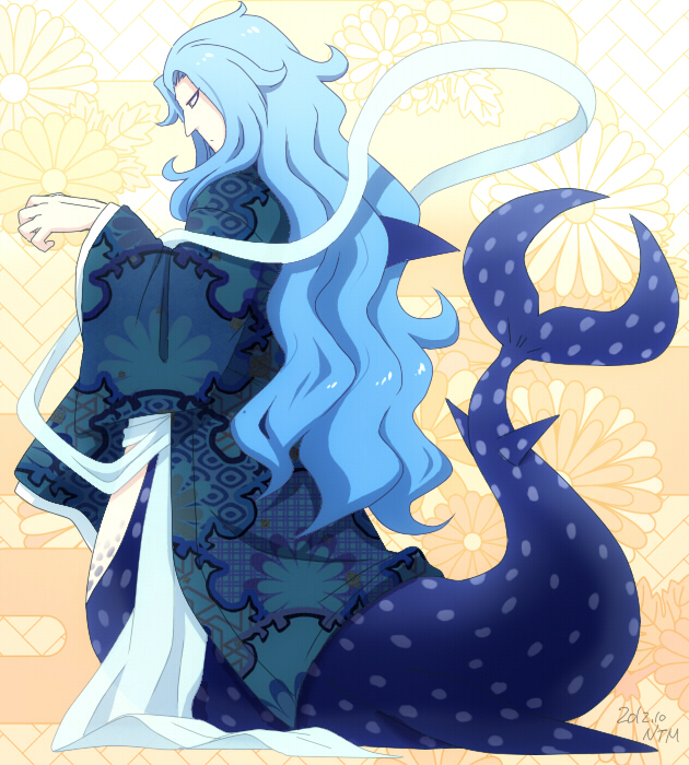 1boy alternate_costume blue_hair fishman_island fukaboshi japanese_clothes long_hair male male_focus merman monster_boy ntm one_piece prince solo