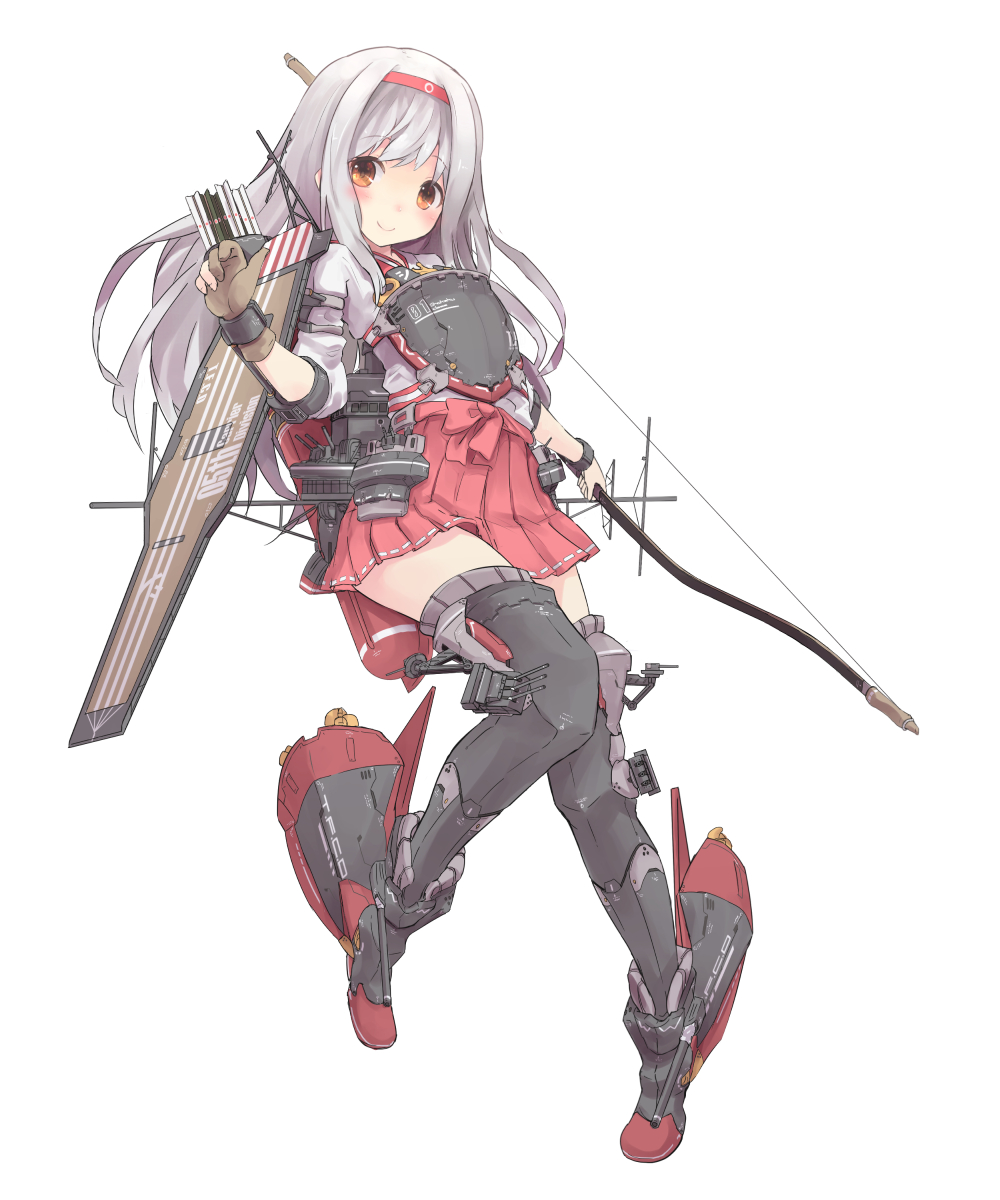 arrow blush boots bow_(weapon) brown_eyes hairband highres isegawa_yasutaka japanese_clothes kantai_collection long_hair muneate quiver revision shoukaku_(kantai_collection) silver_hair skirt smile solo thigh_boots thighhighs weapon
