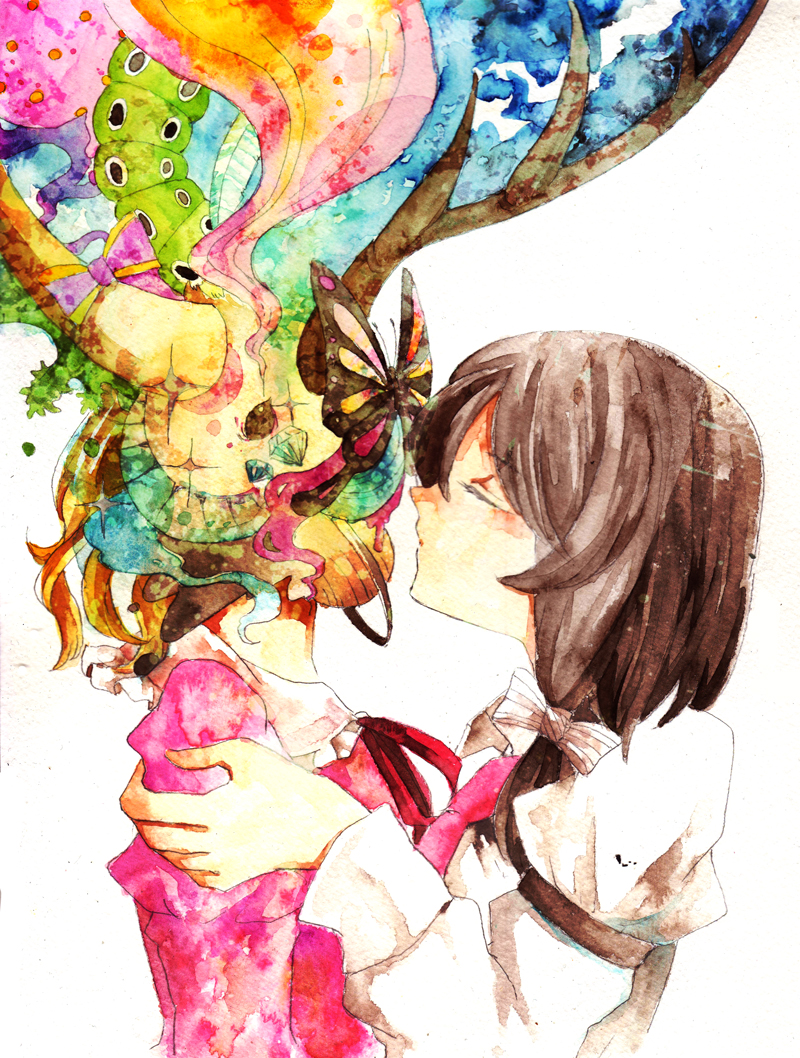abstract arm_garter bad_id bad_pixiv_id bow bowtie bug butterfly caterpillar closed_eyes diamond dress from_side hand_on_another's_shoulder imminent_kiss insect long_sleeves maribel_hearn multiple_girls no_hat no_headwear pink_dress planet sooru0720 surreal touhou traditional_media usami_renko watercolor_(medium) yuri