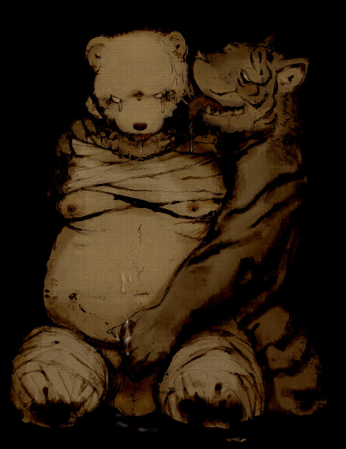 amputee anthro armless balls bals bandage bear black_background blood crying cum cum_on_chest duo feline gay handjob legless licking licking_face male mammal nipples overweight penis plain_background polar_bear saliva saliva_string sansh sitting tiger tongue