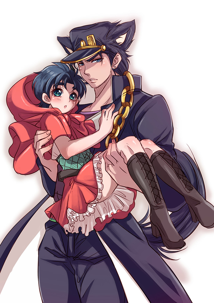 animal_ears bad_id bad_pixiv_id benmaru_image big_bad_wolf big_bad_wolf_(cosplay) big_bad_wolf_(grimm) black_hair blue_hair boots chain child cosplay hood jojo_no_kimyou_na_bouken jonathan_joestar kuujou_joutarou little_red_riding_hood little_red_riding_hood_(grimm) little_red_riding_hood_(grimm)_(cosplay) long_coat multiple_boys tail wolf_ears wolf_tail