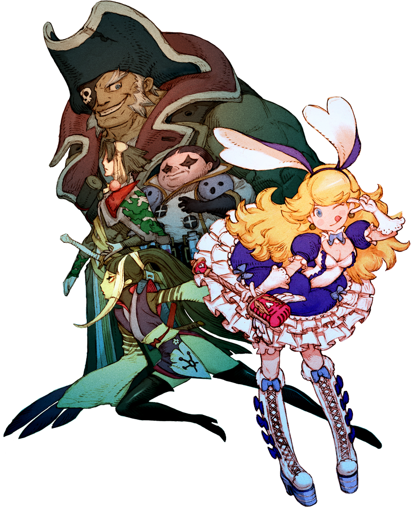 3boys ;q animal_ears barbarossa black_hair blonde_hair blue_eyes boots bravely_default:_flying_fairy bravely_default_(series) breasts bunny_ears cross-laced_footwear earrings eyepatch frilled_skirt frills gloves group_picture hat jewelry knee_boots konoe_kikyou kusurishi_kada lace-up_boots long_hair multiple_boys multiple_girls nobutsuna_kamiizumi official_art one_eye_closed pirate pirate_hat ponytail purin_a_la_mode skirt small_breasts thigh_boots thighhighs tongue tongue_out transparent_background tricorne v_over_eye white_gloves