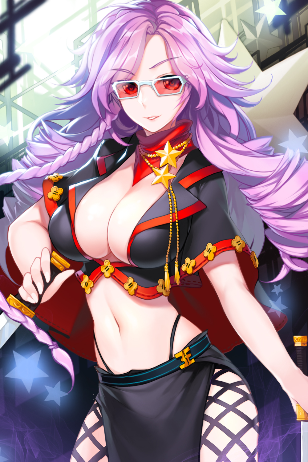 black_panties braid breasts cleavage collarbone contrapposto cowboy_shot crop_top cross-laced_clothes dual_wielding fishnet_pantyhose fishnets gs_2nd_star highleg highleg_panties highres holding large_breasts looking_at_viewer midriff navel neckerchief no_bra panties pantyhose parted_lips purple_hair short_sleeves single_braid slender smile snowball22 solo standing star sunglasses sword sword_girls underwear weapon
