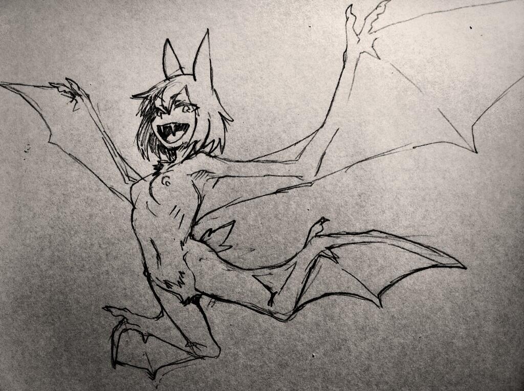 bat_wings breasts crobat fangs flying gen_2_pokemon kanemaki_thomas monochrome monster_girl navel nipples nude personification pokemon short_hair small_breasts solo tail traditional_media wings