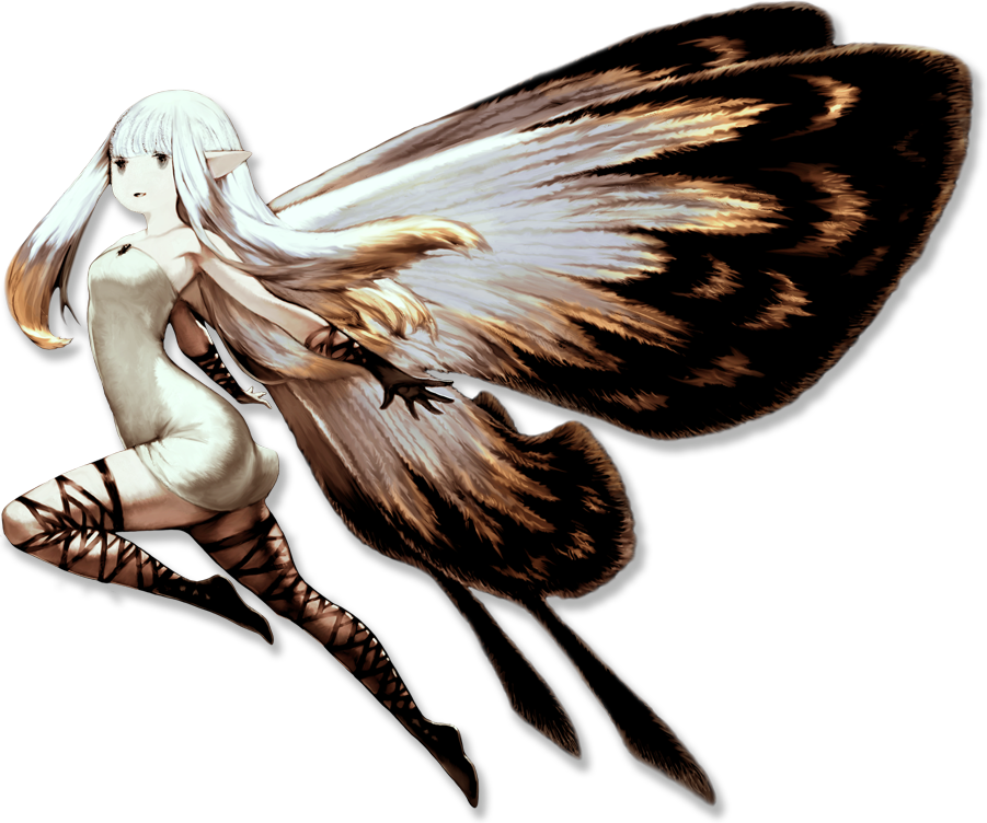 aerie_(bravely_default) arched_back bangs black_legwear blonde_hair blunt_bangs bravely_default:_flying_fairy bravely_default_(series) butterfly_wings dress fairy fairy_wings full_body gloves long_hair multicolored_hair no_nose pointy_ears smile solo strapless strapless_dress thighhighs transparent_background white_dress white_hair wings yoshida_akihiko