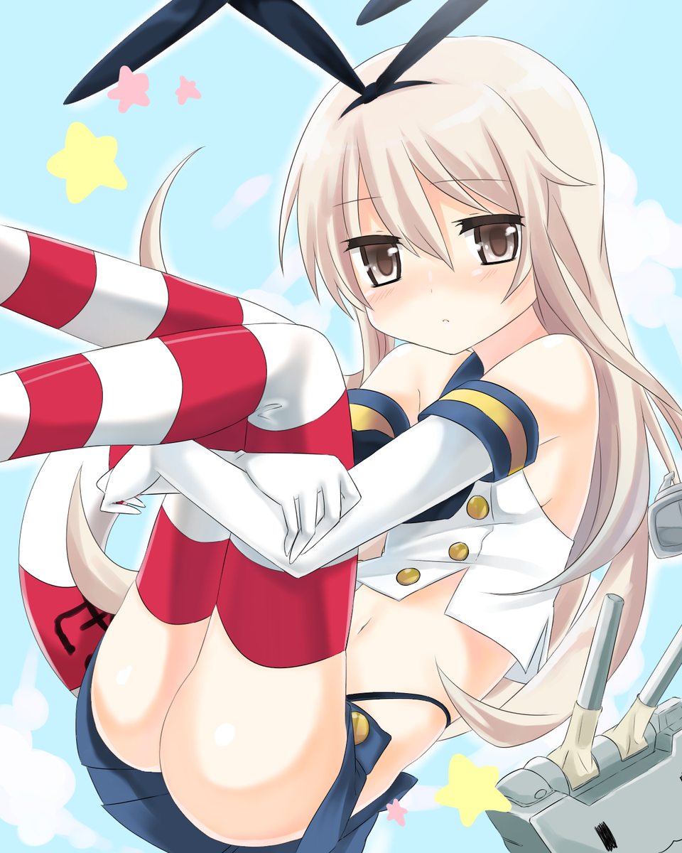 bare_shoulders black_hair black_panties brown_eyes elbow_gloves gloves hair_ribbon highleg highleg_panties highres kantai_collection long_hair looking_at_viewer miniskirt panties rensouhou-chan ribbon shimakaze_(kantai_collection) skirt solo star striped striped_legwear tatsuyoshi_(zawahomura) thighhighs underwear