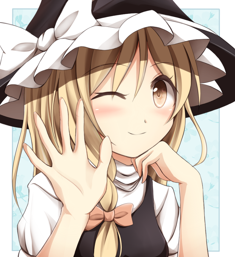 bad_id bad_pixiv_id blonde_hair blush bow chin_rest elbow_rest hat hat_bow kirisame_marisa kuroganeruto one_eye_closed solo touhou white_bow witch_hat yellow_eyes