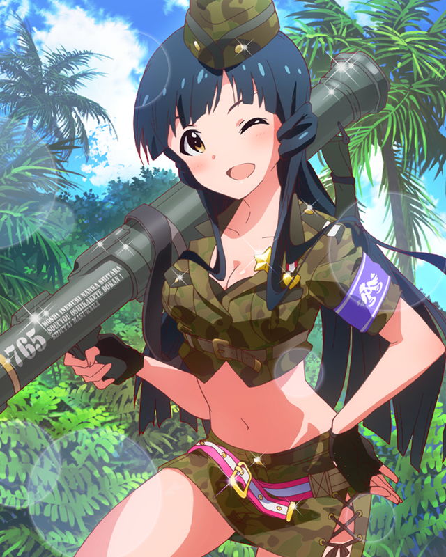 ;d artist_request belt blue_hair breasts brown_eyes camouflage camouflage_hat cleavage cloud crop_top day fingerless_gloves garrison_cap gloves hand_on_hip hat idolmaster idolmaster_million_live! kitakami_reika lens_flare long_hair looking_at_viewer medium_breasts midriff military military_uniform navel official_art one_eye_closed open_mouth palm_tree rocket_launcher skirt sky smile tree twintails uniform weapon