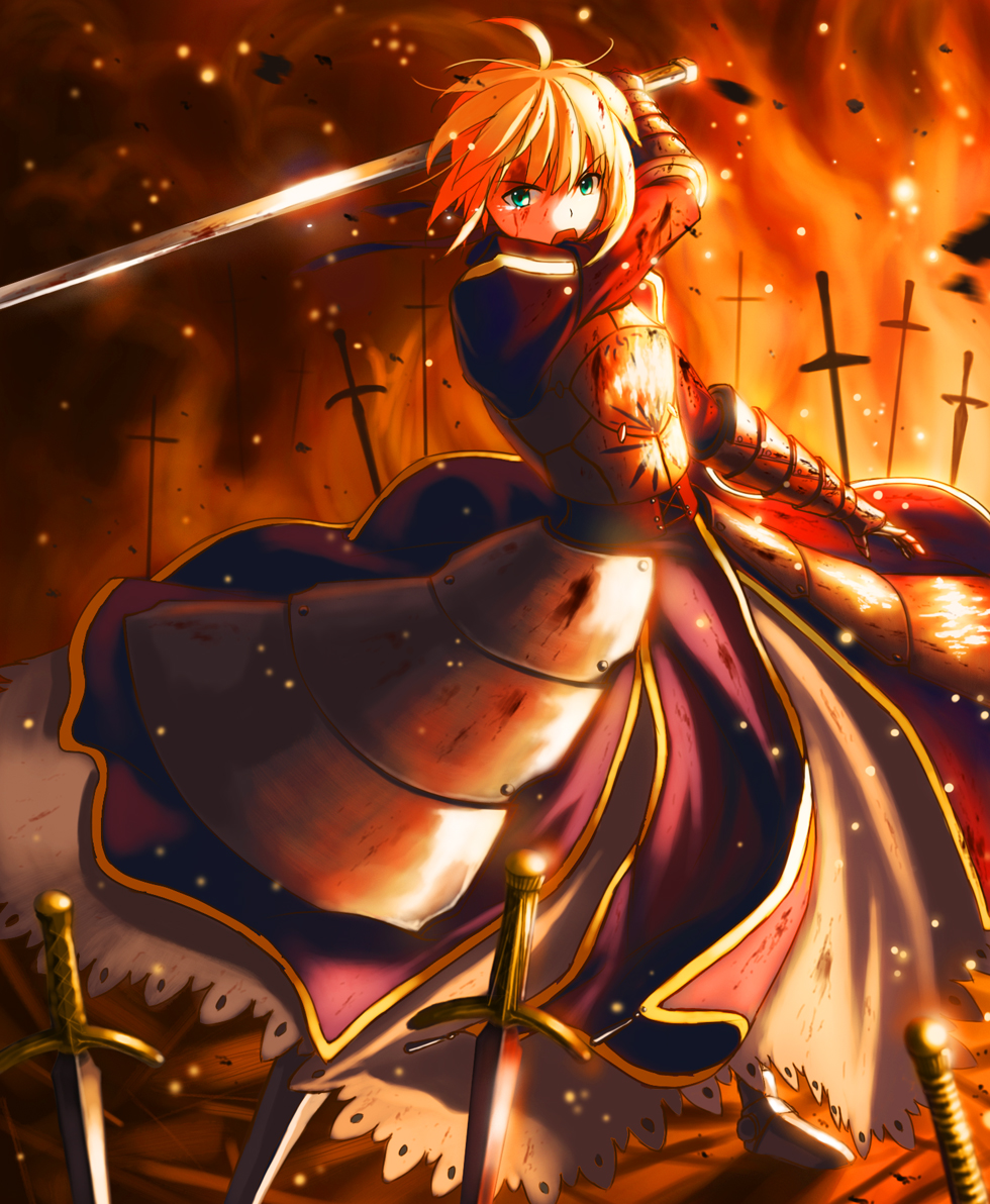 ahoge armor armored_dress artoria_pendragon_(all) blonde_hair blood blood_on_face doora_(dora0913) dress excalibur fate/zero fate_(series) field_of_blades gauntlets green_eyes hair_ribbon planted_sword planted_weapon revision ribbon saber solo sword weapon