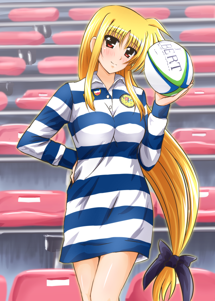 ball bangs bleachers blonde_hair blush bow breasts collared_shirt diesel-turbo fate_testarossa hair_bow hand_on_hip head_tilt holding holding_ball large_breasts long_hair looking_at_viewer low-tied_long_hair lyrical_nanoha mahou_shoujo_lyrical_nanoha_strikers mizuki_nana naked_shirt no_pants patch red_eyes rugby rugby_ball rugby_uniform seiyuu_connection shirt sidelocks smile solo sportswear striped striped_shirt very_long_hair