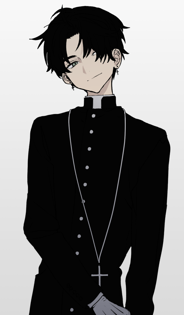 black_hair closed_mouth cross cross_earrings cross_necklace earrings grey_background grey_eyes head_tilt hirota_tsuu jewelry latin_cross long_sleeves looking_at_viewer necklace original simple_background smile upper_body