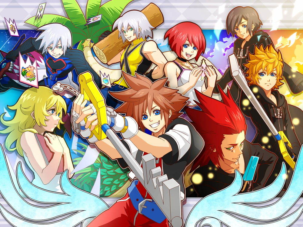 5boys axel_(kingdom_hearts) banana_gyuunyuu black_coat_(kingdom_hearts) black_hair blonde_hair blue_eyes brown_hair cloak fingerless_gloves food gloves green_eyes ice_cream kairi_(kingdom_hearts) keyblade kingdom_hearts kingdom_hearts_358/2_days log multiple_boys multiple_girls namine palm_tree red_hair riku riku_replica roxas short_hair silver_hair sketchbook sora_(kingdom_hearts) tree xion_(kingdom_hearts)