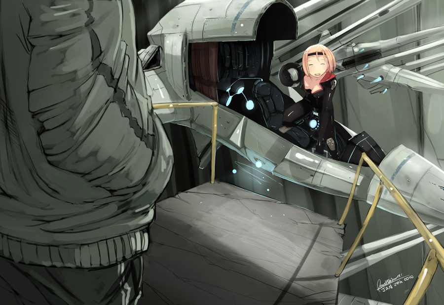 ^_^ bodysuit breasts closed_eyes cockpit dated downblouse faustsketcher hairband hangar headwear_removed helmet helmet_removed medium_breasts original pilot_suit pink_hair science_fiction short_hair solo_focus space_craft starfighter