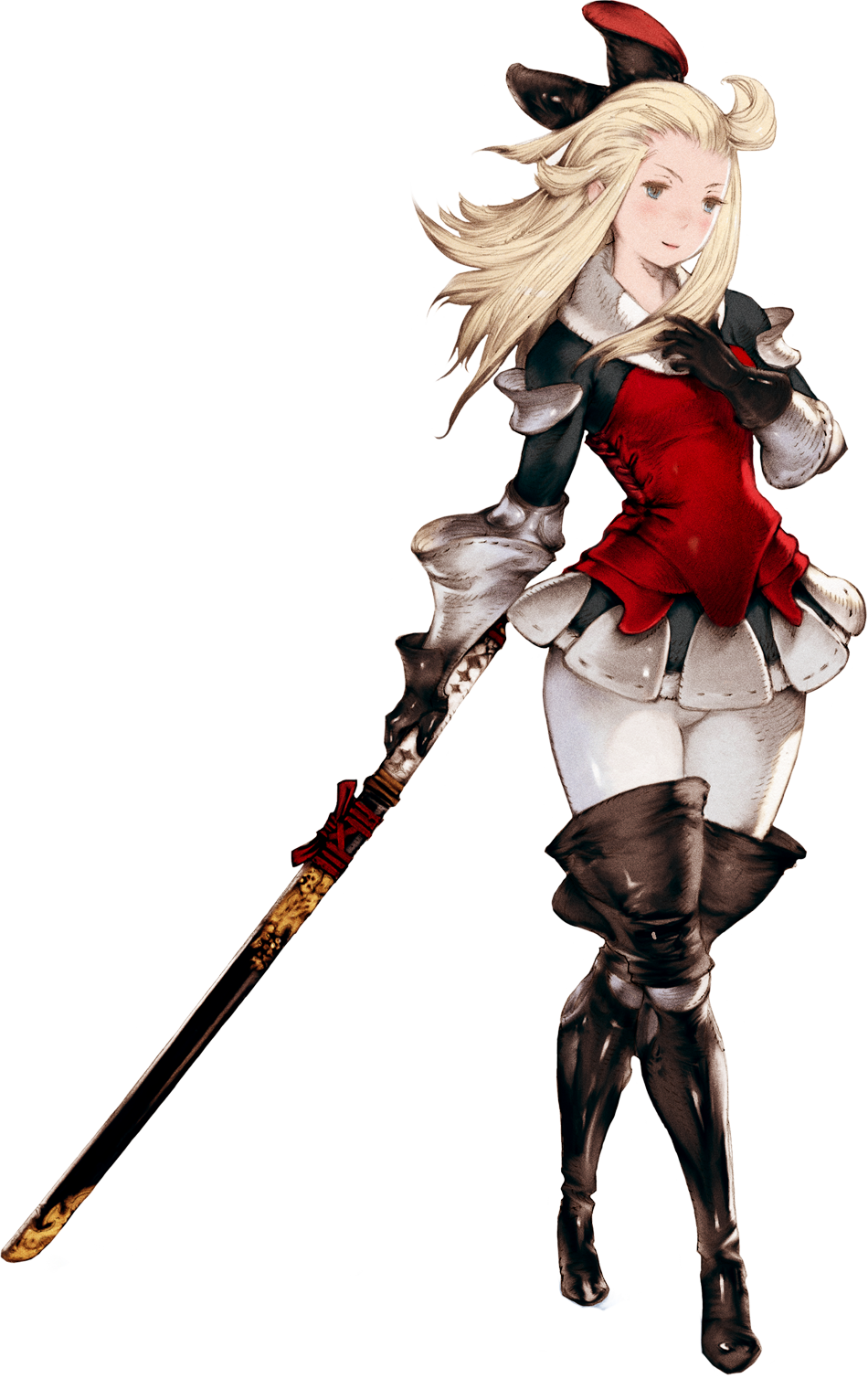 ahoge armor armored_dress blue_eyes blush boots bow bravely_default:_flying_fairy bravely_default_(series) crossed_legs edea_lee faulds full_body gauntlets gloves hair_bow highres katana light_smile official_art pantyhose sheath sheathed solo standing sword thigh_boots thighhighs transparent_background watson_cross weapon white_legwear yoshida_akihiko
