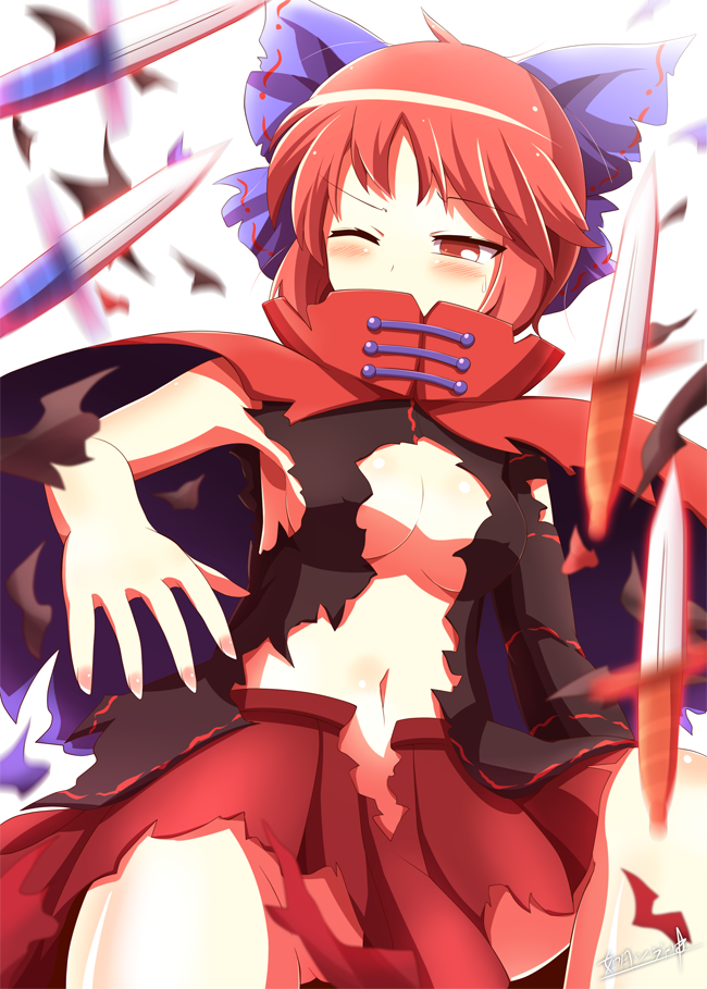 bad_id bad_pixiv_id banned_artist blush bow breasts cape hair_bow kisaragi_zwei large_breasts midriff navel no_bra no_panties one_eye_closed red_eyes red_hair revision sekibanki shirt skirt solo torn_clothes torn_shirt torn_skirt touhou wince