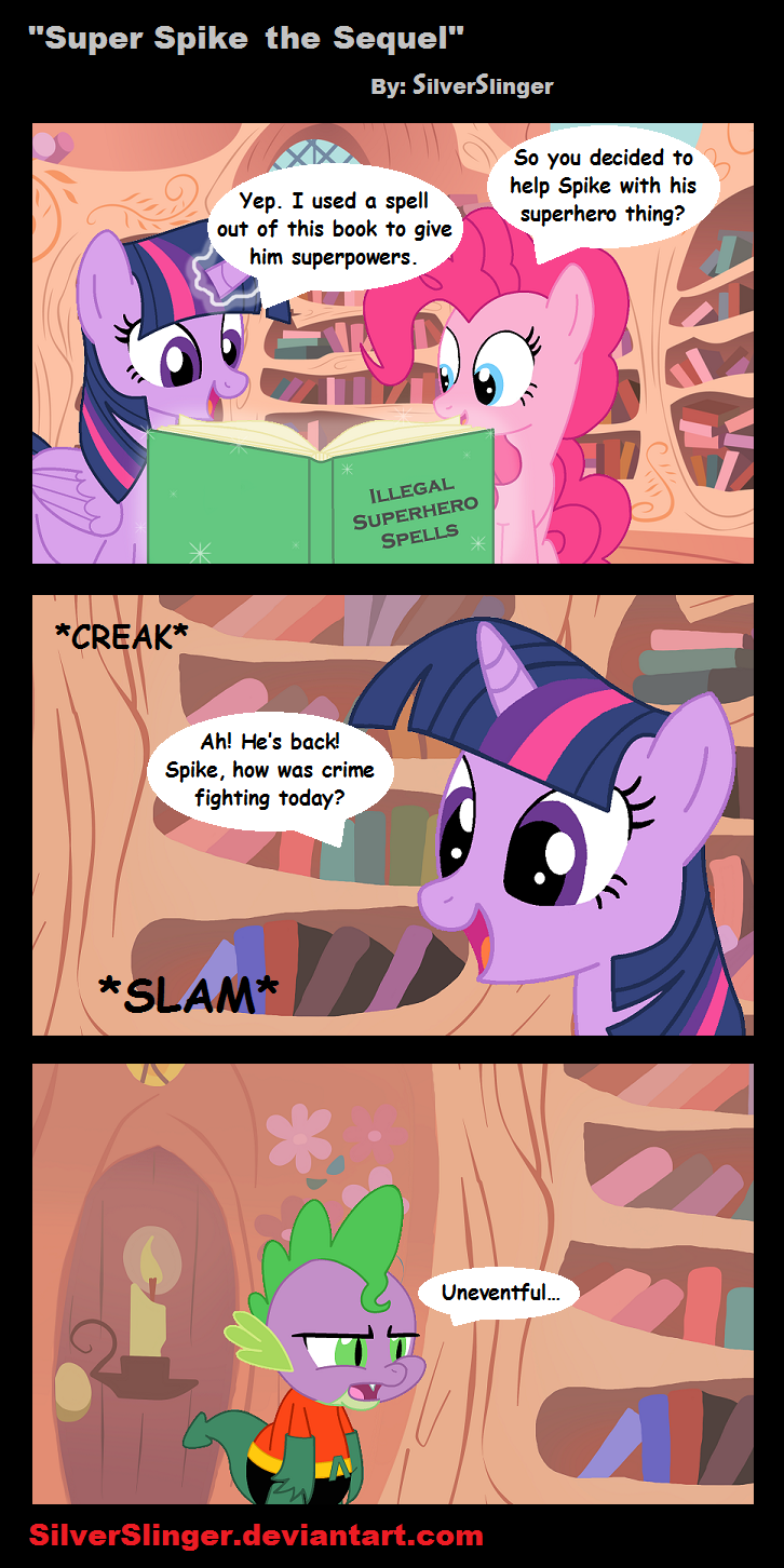 aquaman blue_eyes book bookshelf cat_eyes chaoticbrony dialog duo english_text equine female friendship_is_magic glowing green_eyes horn horse levitation library magic mammal my_little_pony pinkie_pie_(mlp) pony purple_eyes slit_pupils sparkles spike_(mlp) text twilight_sparkle_(mlp) winged_unicorn wings