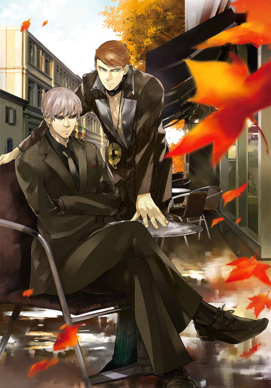 black_gloves black_sclera blue_eyes brown_hair building crossed_arms crossed_legs formal gloves highres jewelry jojo_no_kimyou_na_bouken leaf male_focus maple_leaf multiple_boys necklace prosciutto risotto_nero sitting white_hair yoyoyoshida