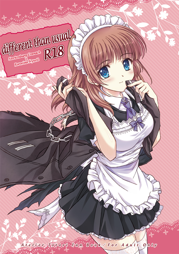 alternate_costume ankoromochi apron atelier_(series) atelier_rorona blue_eyes blush bow brown_hair chain character_name coat english enmaided frills holding jacket_on_shoulders lace lace_border looking_at_viewer maid maid_headdress neckerchief pink_background rating rororina_fryxell silhouette skirt smile solo thighhighs white_legwear zettai_ryouiki