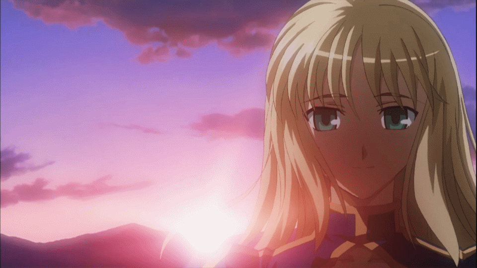 1girl animated animated_gif blonde_hair fate/stay_night fate_(series) green_eyes long_hair saber smile sunrise