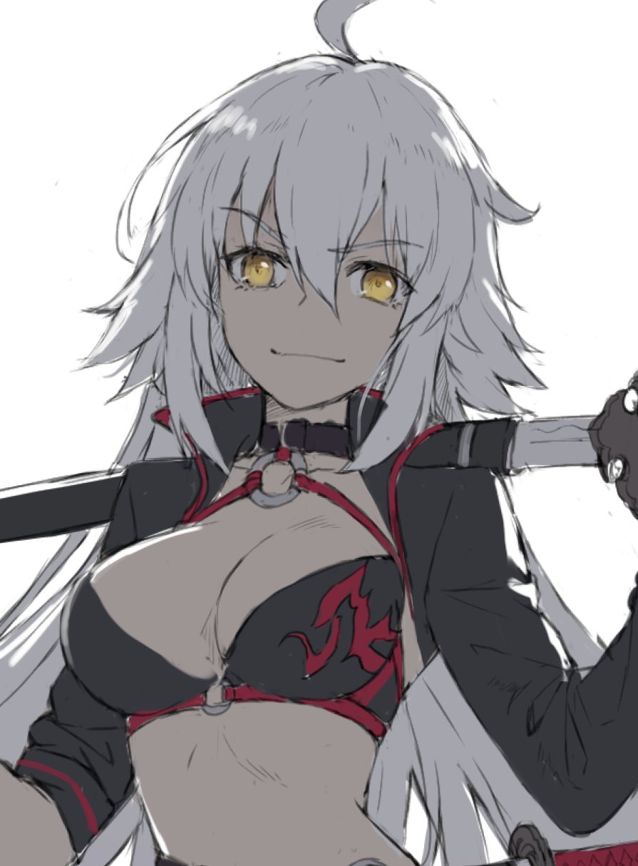ahoge bangs bikini black_bikini black_choker black_jacket breasts choker closed_mouth commentary_request fate/grand_order fate_(series) hair_between_eyes highres holding holding_sword holding_weapon jacket jeanne_d'arc_(alter_swimsuit_berserker) jeanne_d'arc_(fate)_(all) jeanne_d'arc_(alter)_(fate) jeanne_d'arc_(alter_swimsuit_berserker) jeanne_d'arc_(fate)_(all) katana long_hair long_sleeves looking_at_viewer medium_breasts o-ring o-ring_top open_clothes open_jacket over_shoulder simple_background smile solo swimsuit sword tonee upper_body weapon weapon_over_shoulder white_background white_hair yellow_eyes