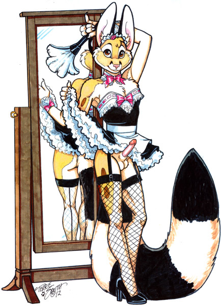 bottomless chester_ringtail_magreer crossdressing feather_duster fishnet fur girly havoc_inc. high_heels looking_at_viewer maid_uniform male mirror penis ringtail skirt solo terrie_smith