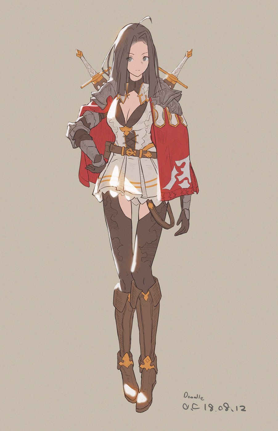 1girl ahoge bangs boots breasts brown_footwear brown_hair cape cleavage closed_mouth dated full_body gauntlets grey_background grey_eyes hand_on_hip highres knee_boots light_smile long_hair looking_at_viewer original parted_bangs pigeon-toed pleated_skirt red_cape reido_(reido_c) shoulder_armor signature simple_background skirt solo spaulders standing sword weapon weapon_on_back white_skirt
