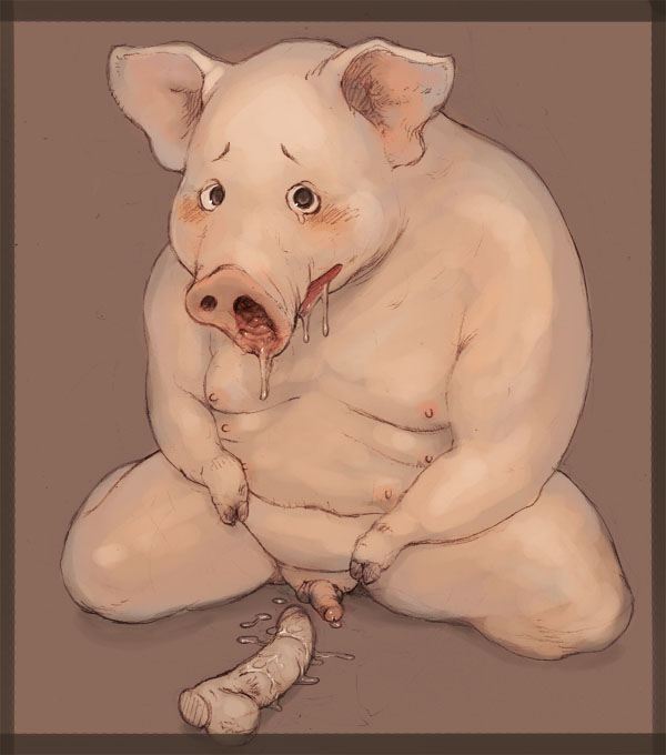 brown_background brown_eyes crying cum dildo drooling invalid_tag looking_at_viewer male mammal nasal_sex nipples nude open_mouth penis pig pink_skin plain_background porcine saliva sansh sex_toy small_balls small_penis snot solo stretching