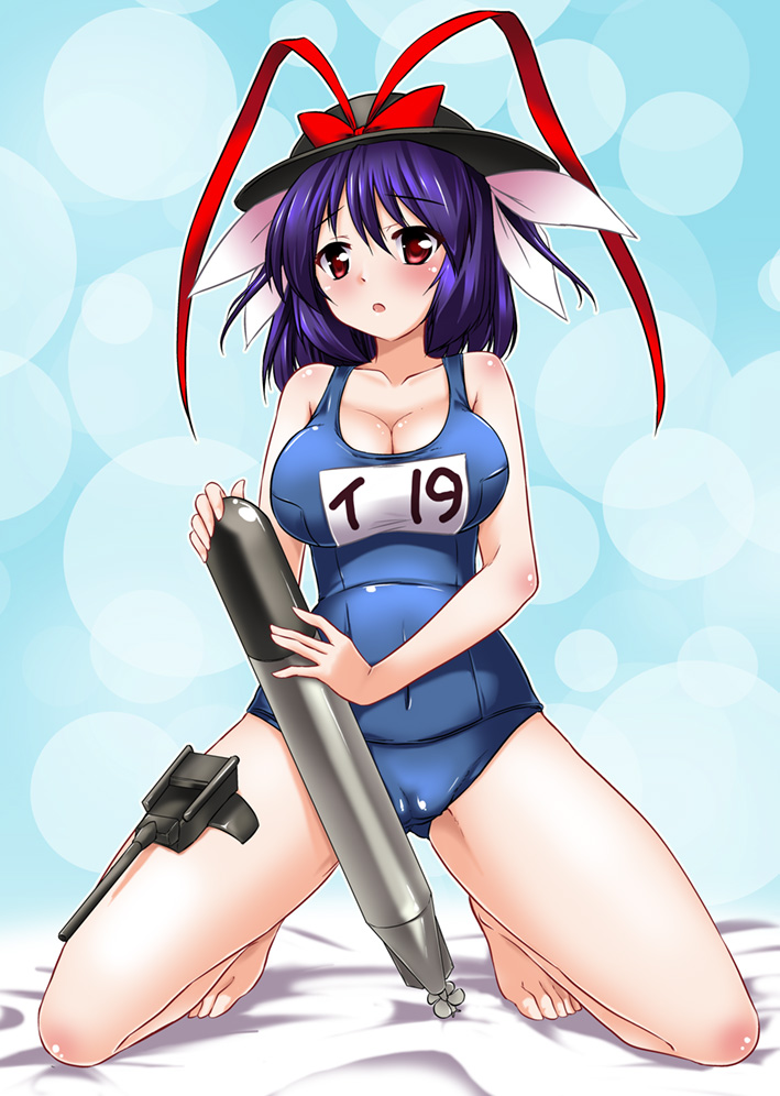 barefoot blush breasts cameltoe cannon cleavage collarbone cosplay covered_navel gonzaburo hair_ribbon hat hat_ribbon i-19_(kantai_collection) i-19_(kantai_collection)_(cosplay) kantai_collection kneeling large_breasts nagae_iku namesake one-piece_swimsuit open_mouth purple_hair red_eyes ribbon school_swimsuit solo spread_legs swimsuit torpedo touhou