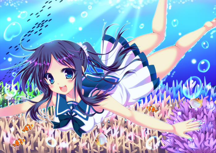barefoot blue_eyes blue_hair blush bubble coral freediving hiradaira_chisaki long_hair nagi_no_asukara ocean school_uniform side_ponytail suzukawa_yui swimming underwater water
