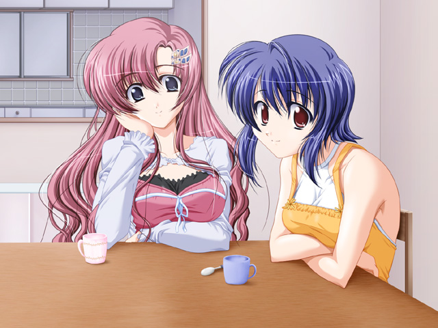 2girls ayane_(shimai_don) blue_hair chair game_cg maaya_(shimai_don) multiple_girls pink_hair shimai_don~shirudaku_de~ short_hair table