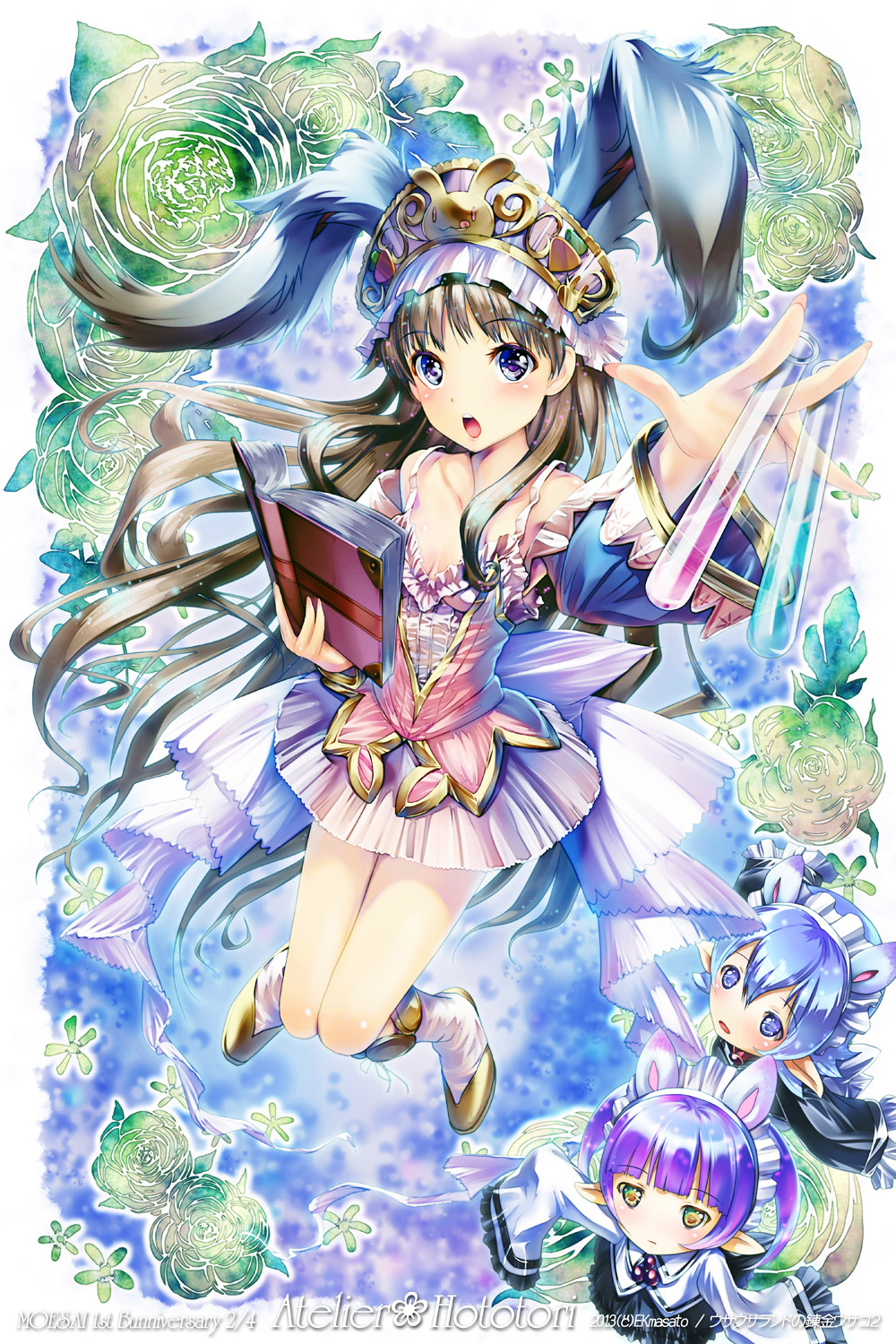 2013 2girls animal_ears anniversary atelier_(series) atelier_totori between_fingers blue_eyes blue_hair book boots bow brown_hair bunny_ears chim_(atelier) ek_masato expressionless flask floral_background full_body hat highres kemonomimi_mode knee_boots long_hair multiple_girls open_mouth portmanteau purple_hair ribbon short_hair skirt totooria_helmold yellow_eyes