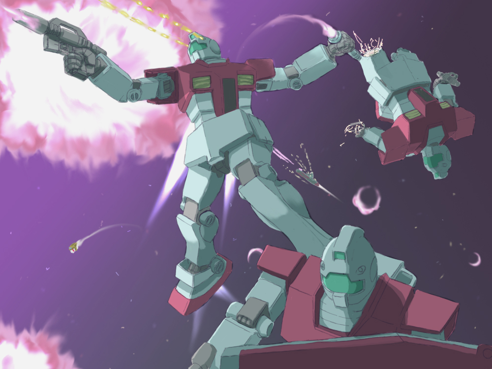 battle_damage explosion firing gm_(mobile_suit) gun gundam mecha mobile_suit mobile_suit_gundam public_(gundam) public_class rindon_(pixiv338875) salamis_(gundam) space weapon