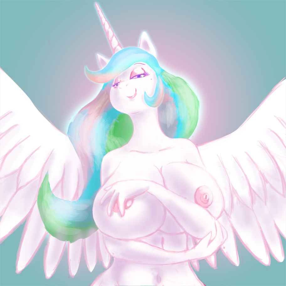 anthro anthrofied big_breasts breasts equine female friendship_is_magic fur hair horn horse huge_breasts long_hair looking_at_viewer mammal multi-colored_hair my_little_pony navel nipples nude pony princess_celestia_(mlp) smile solo weasselk white_fur winged_unicorn wings