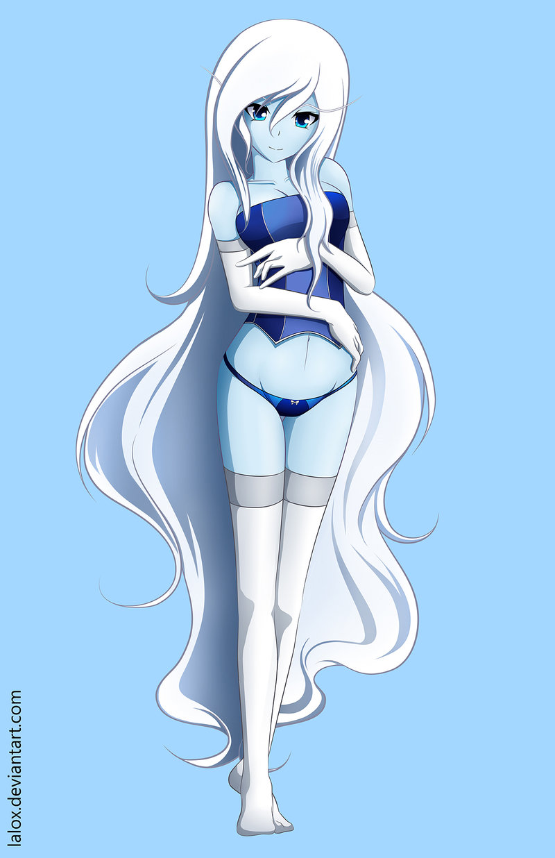 blue_background blue_skin bow clothing crossgender elbow_gloves female gloves hair human ice_queen lalox legwear long_hair looking_at_viewer mammal panties plain_background solo standing stockings underwear white_hair