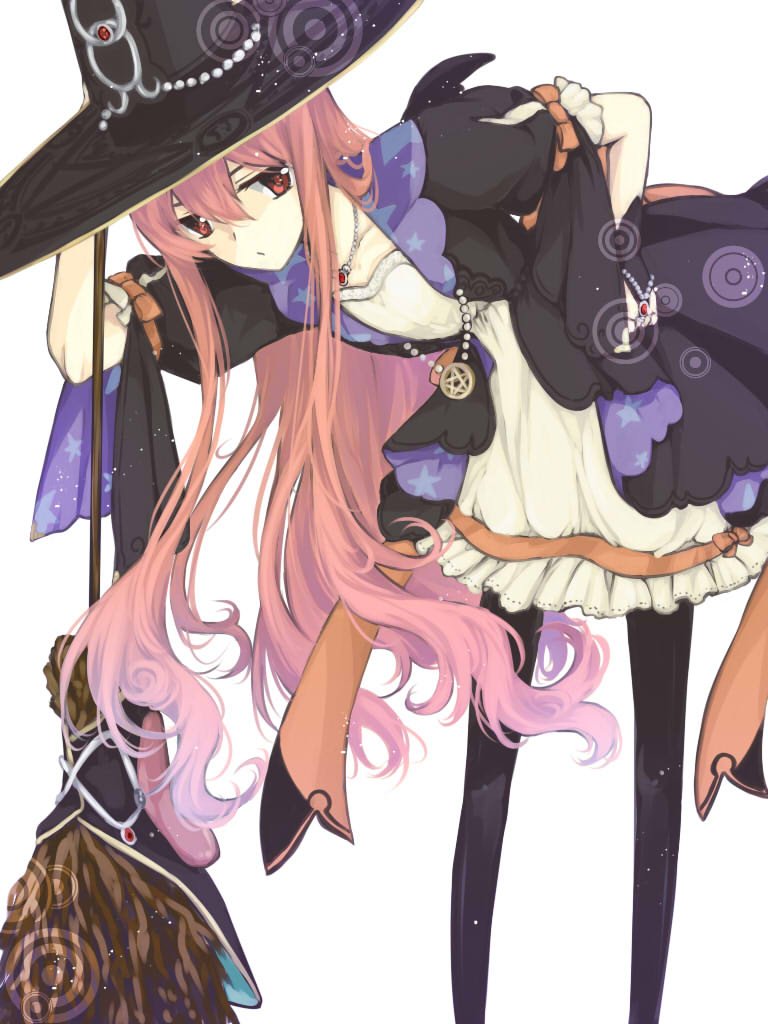 :/ atelier_(series) atelier_escha_&amp;_logy black_gloves black_legwear bow bridal_gauntlets broom dress expressionless frills gloves hand_on_hip hat ijiro_suika jewelry leaning_forward long_hair necklace pantyhose pentacle pink_hair red_eyes solo star star_print very_long_hair white_background wilbell_voll=erslied witch_hat
