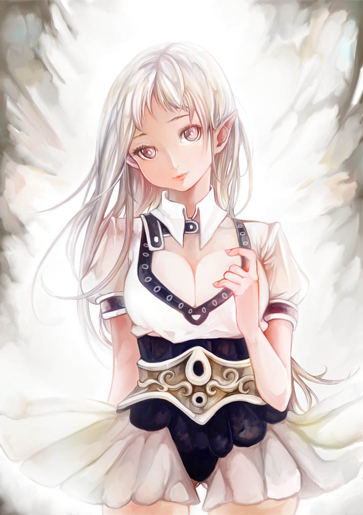 breasts cleavage collar cotton_(shikiori) dress large_breasts light_smile long_hair original pointy_ears skirt solo white_hair