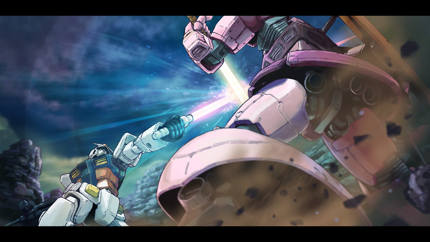 battle eclair_(artist) ekurea energy_sword gelgoog gelgoog_s_char_custom gundam mecha mobile_suit mobile_suit_gundam rx-78-2 sword weapon