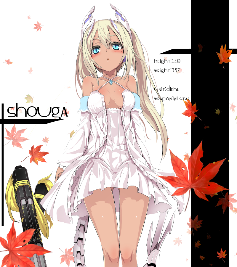 :&lt; bare_shoulders blonde_hair blue_eyes blush body_blush breasts criss-cross_halter dark_skin detached_sleeves dress halterneck headgear leaf long_hair maple_leaf medium_breasts mole parted_lips phantasy_star phantasy_star_online_2 shirow_(crazy) solo tail twintails white_dress