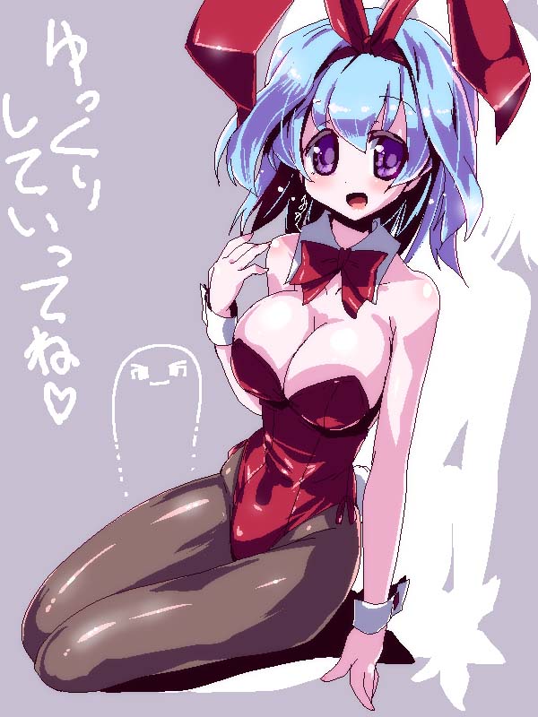 animal_ears blue_hair breasts bunny_ears bunnysuit cleavage large_breasts miuku_(marine_sapphire) open_mouth original pantyhose purple_eyes short_hair smile solo