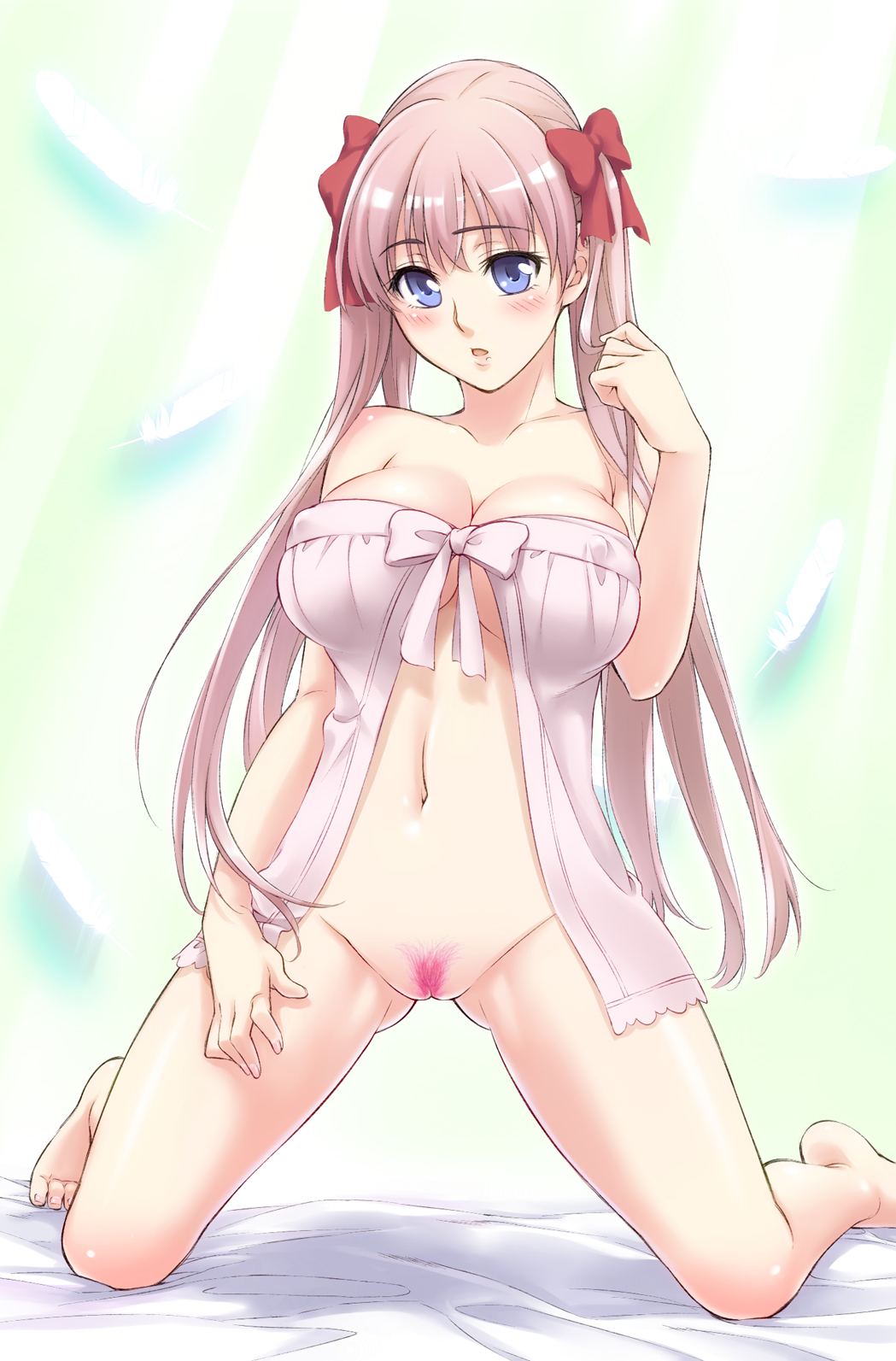 babydoll barefoot blue_eyes blush bottomless bow breasts cleavage collarbone colored_pubic_hair covered_nipples erect_nipples female hair_bow hair_ribbon haramura_nodoka highres kneeling korisei large_breasts long_hair looking_at_viewer navel parted_lips pink_hair pubic_hair pussy ribbon saki solo twintails uncensored