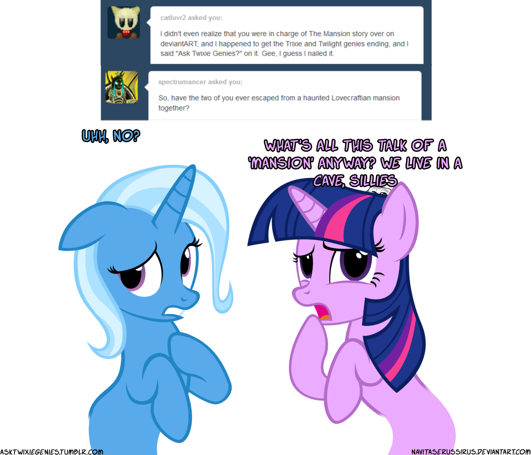 confused english_text equine female friendship_is_magic genie hair horn horse lesbian mammal my_little_pony navitaserussirus open_mouth plain_background pony text tongue trixie_(mlp) tumblr twilight_sparkle_(mlp) two_tone_hair unicorn white_background