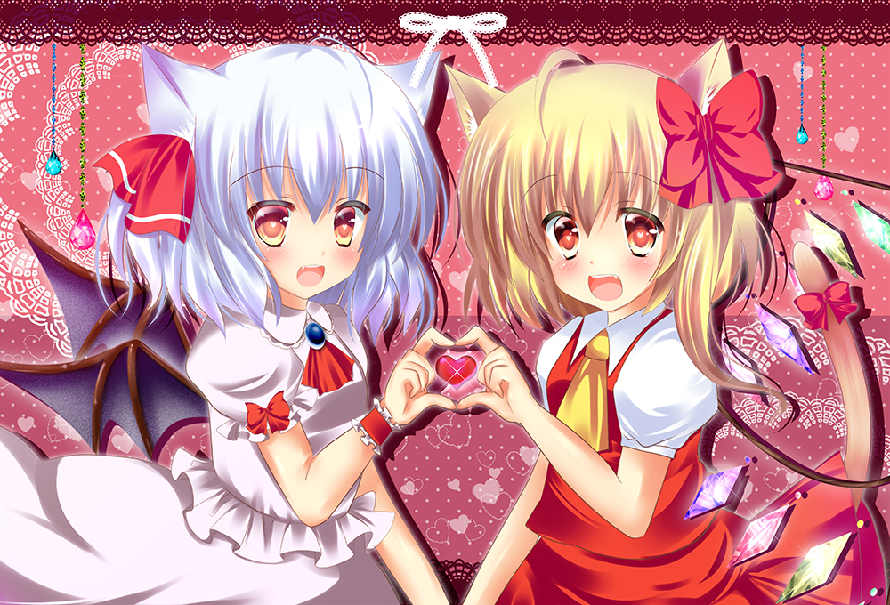 animal_ears ascot bad_id bad_pixiv_id bat_wings blonde_hair blue_hair blush bow cat_ears cat_tail dress fang flandre_scarlet hair_bow hair_ribbon heart heart-shaped_pupils heart_hands heart_hands_duo kemonomimi_mode looking_at_viewer multiple_girls no_hat no_headwear open_mouth pink_dress pink_eyes puffy_sleeves red_dress remilia_scarlet revision ribbon rikatan shirt short_sleeves side_ponytail silver_hair smile symbol-shaped_pupils tail tail_ribbon touhou wings
