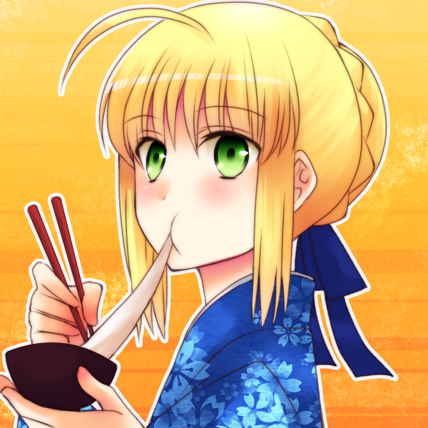 ahoge artoria_pendragon_(all) bad_id bad_pixiv_id blonde_hair chopsticks eating fate/stay_night fate_(series) food green_eyes japanese_clothes kimono mikicocha mochi saber solo wagashi