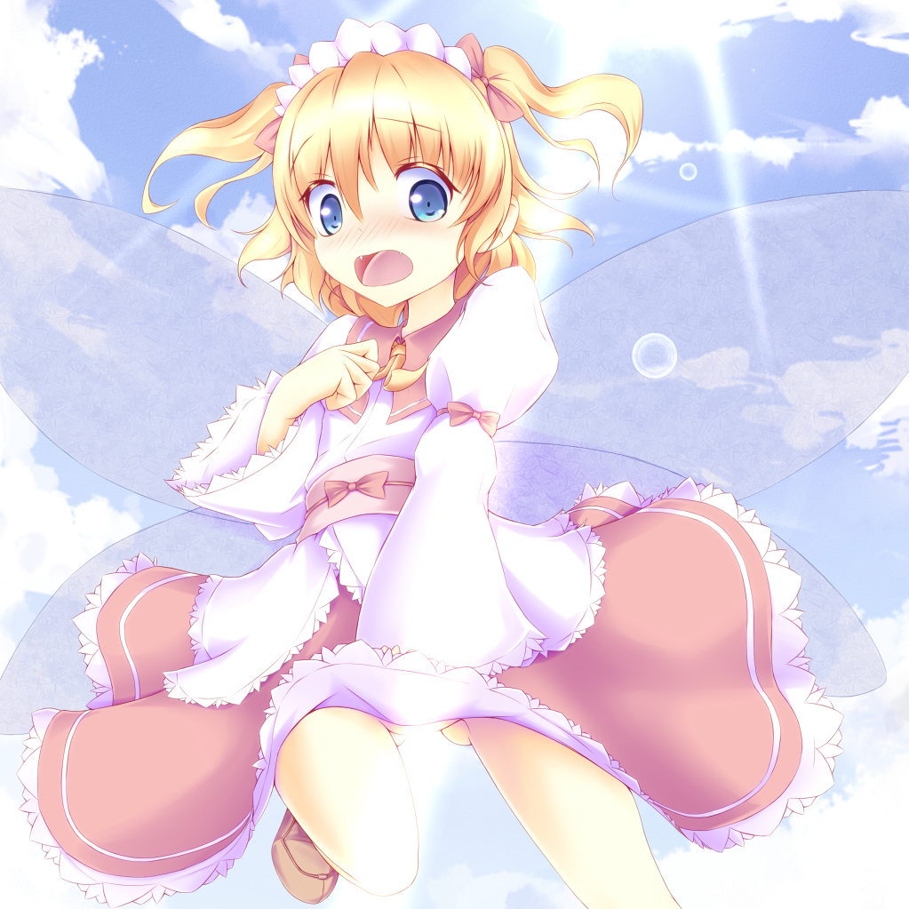 blonde_hair blue_eyes blue_sky blush censored cloud convenient_censoring day fairy_wings flying hair_ribbon josephine_(twin_tail_rabbit) long_sleeves looking_at_viewer no_panties obi open_mouth revision ribbon sash shirt skirt_hold sky solo sunlight sunny_milk touhou twintails upskirt wide_sleeves wings