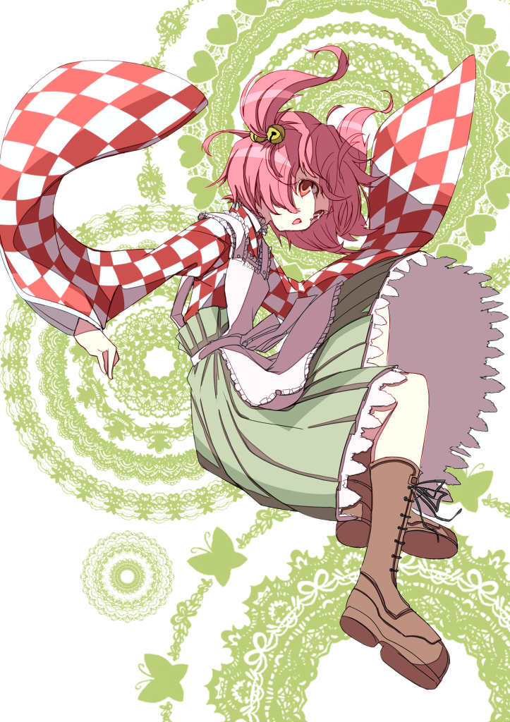 apron bell boots checkered clothes_writing cross-laced_footwear hair_bell hair_ornament japanese_clothes jingle_bell kimono kuronuko_neero lace-up_boots long_sleeves looking_at_viewer motoori_kosuzu open_mouth pink_hair red_eyes revision short_hair smile solo touhou two_side_up wide_sleeves