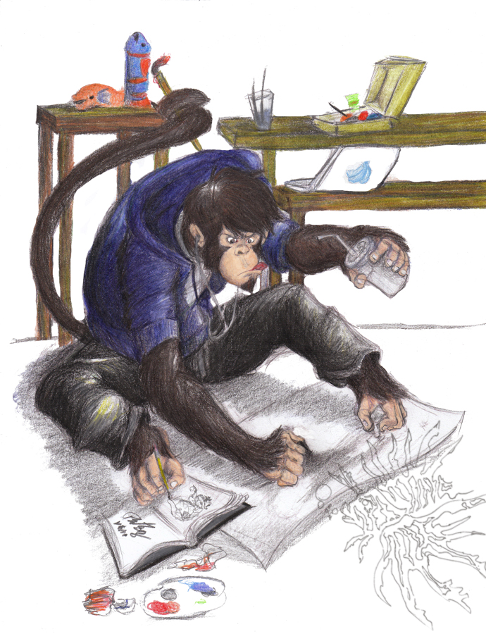 ageaus anthro baboon brown_eyes brown_hair clothing creating_art cute drawing drink facial_hair fur hair hoodie looking_down male mammal monkey multitasking pants plain_background prehensile_feet primate sitting solo table tongue tongue_out white_background