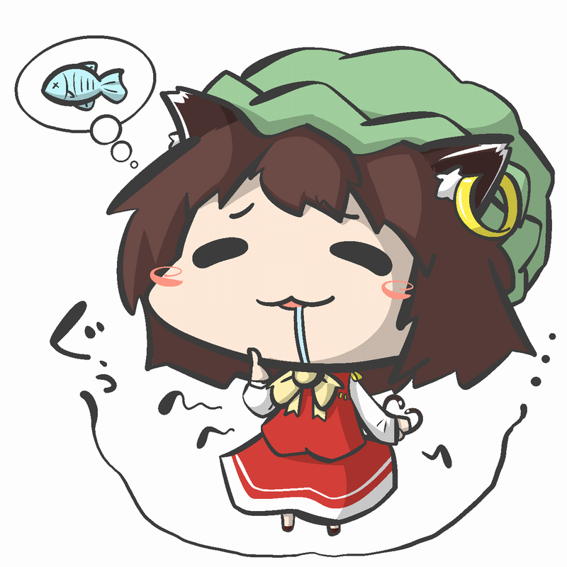 :3 animal_ears bad_id bad_pixiv_id brown_hair cat_ears cat_tail chen chibi fish hungry imagining inunoko. jewelry multiple_tails nekomata pendant saliva short_hair solo tail touhou two_tails
